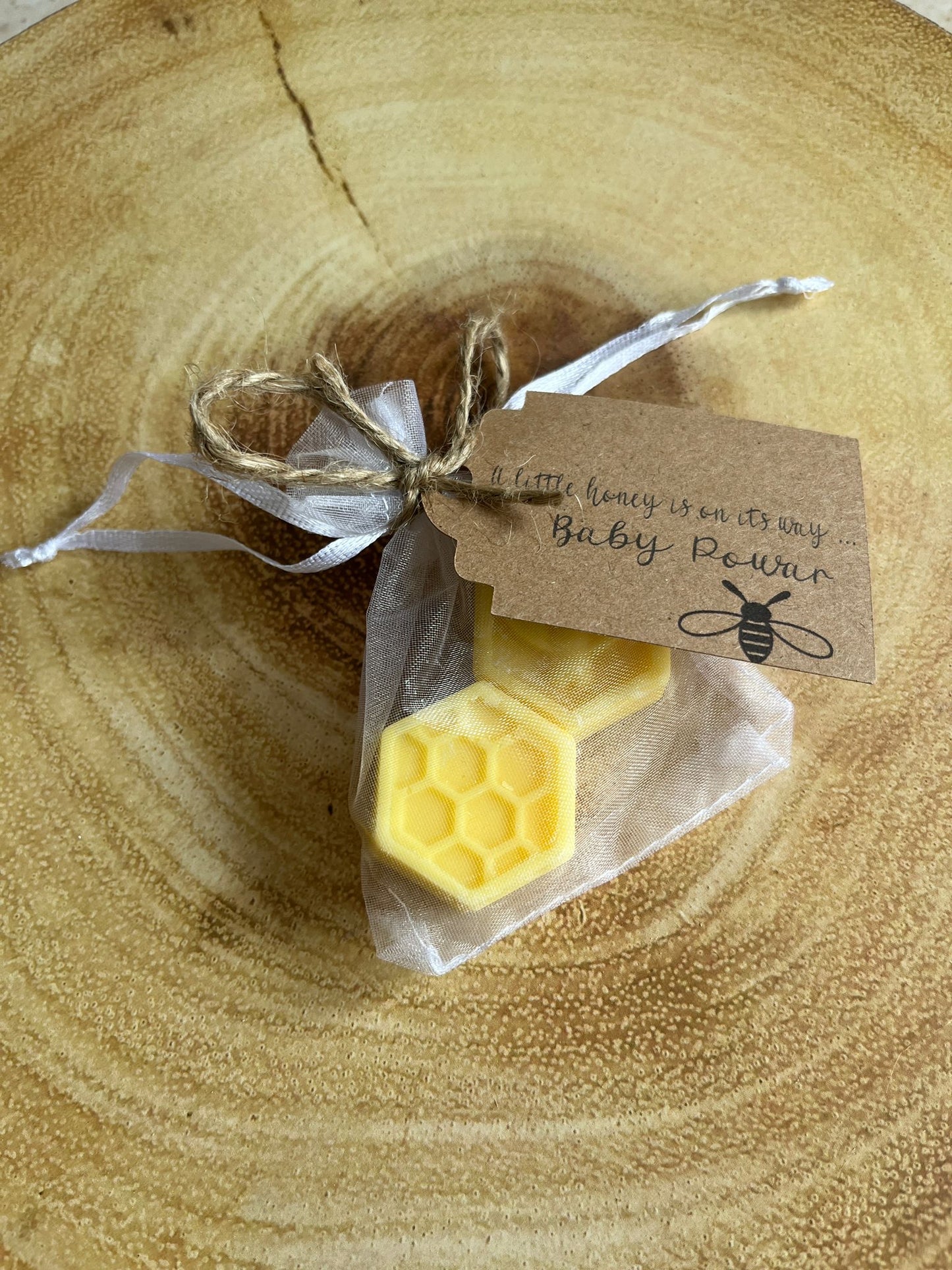 Yellow wax melt in white organza bags
